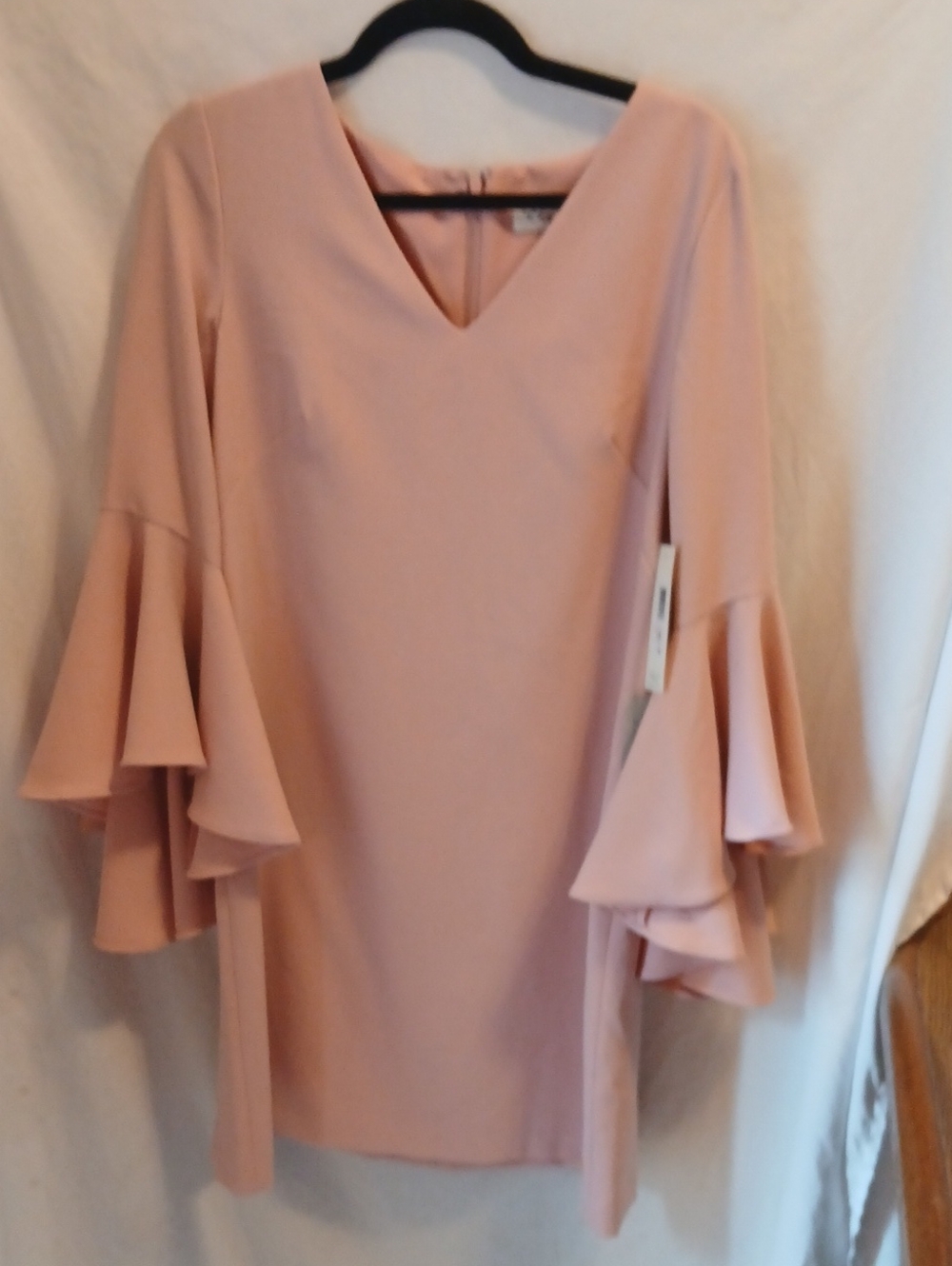 Eliza J Blush Pink V-Neck Midi Dress with Tiered Bell Sleeves